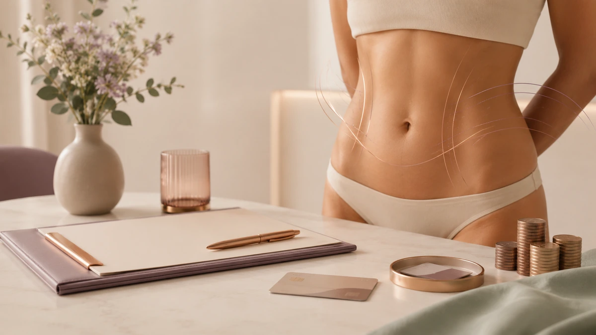 Editorial illustration of tummy tuck cost components — surgeon fee, anaesthesia, facility, garment, follow-ups