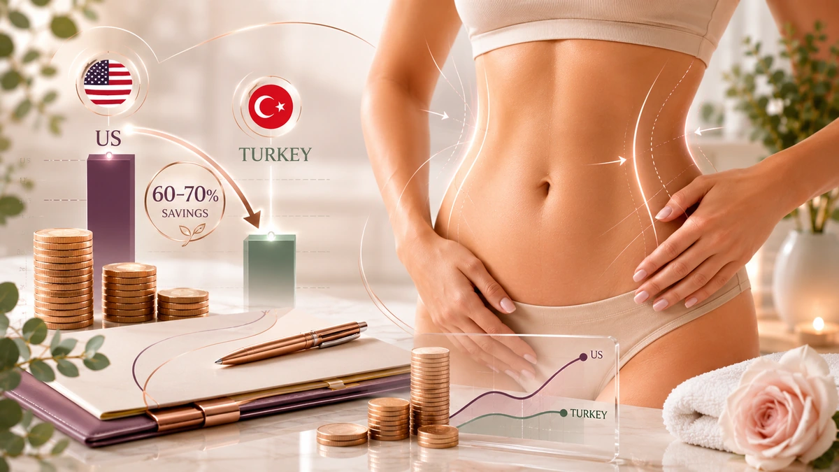Editorial illustration of tummy tuck cost breakdown showing surgeon, anaesthesia, and facility components