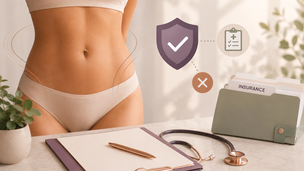 Editorial illustration for tummy tuck insurance coverage — medical documents, insurance card and abdominal anatomy diagram