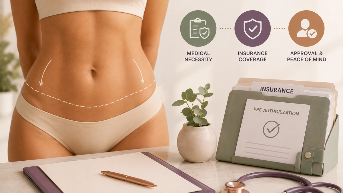 Editorial illustration of insurance documentation for panniculectomy