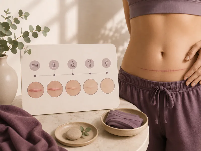 Illustration of tummy tuck recovery timeline and scar maturation over time