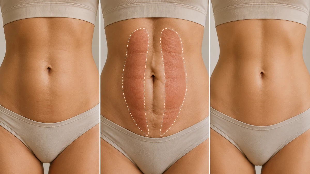 Editorial illustration of diastasis recti — rectus muscles separated at the linea alba