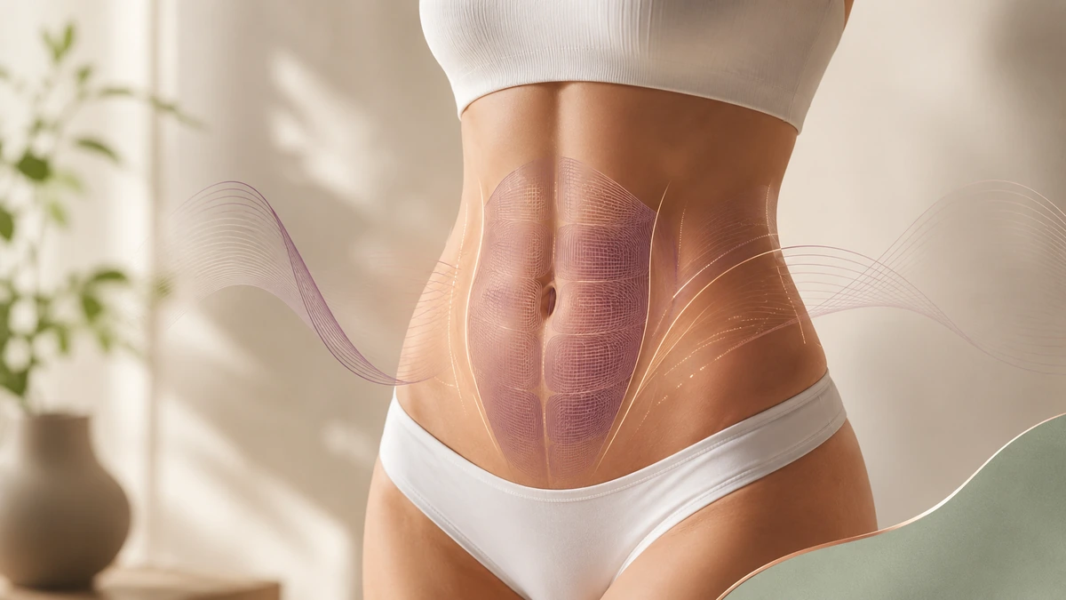 Editorial illustration of rectus muscle plication technique — before and after suture placement