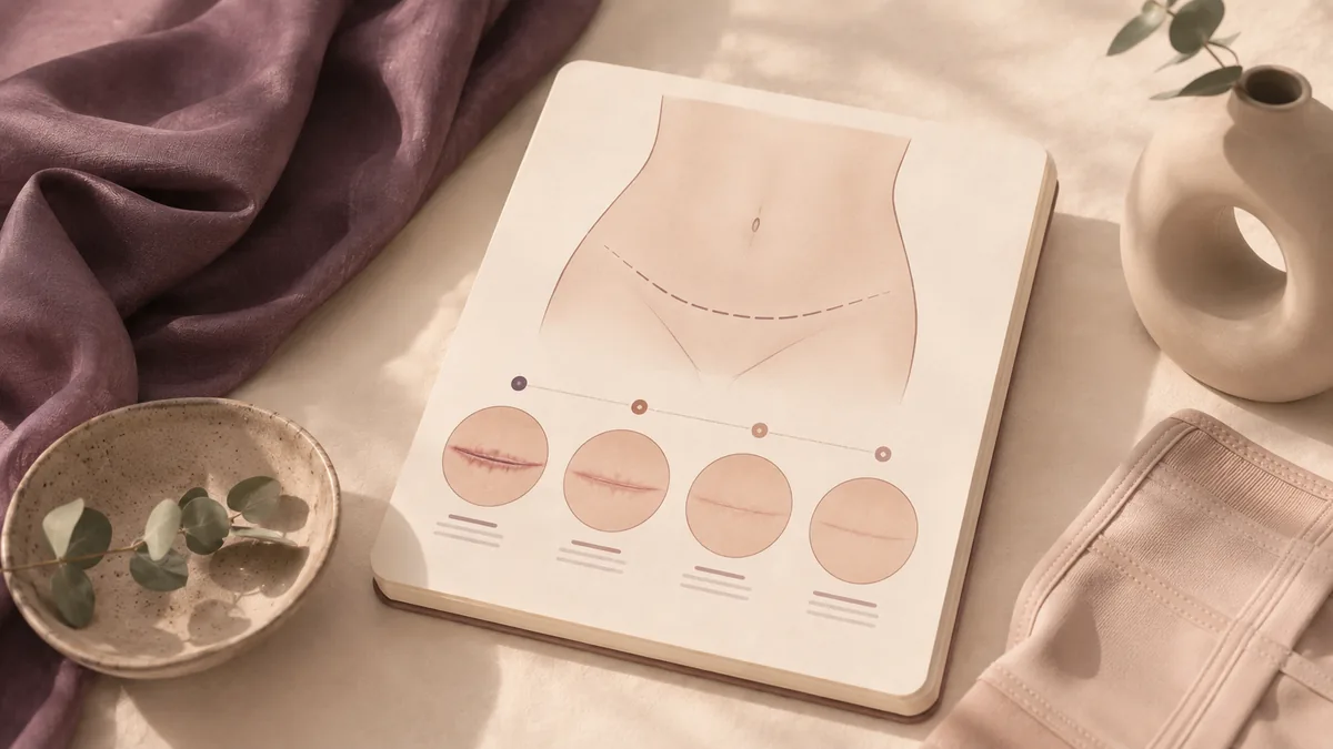Editorial illustration showing tummy tuck scar placement and maturation timeline across a year