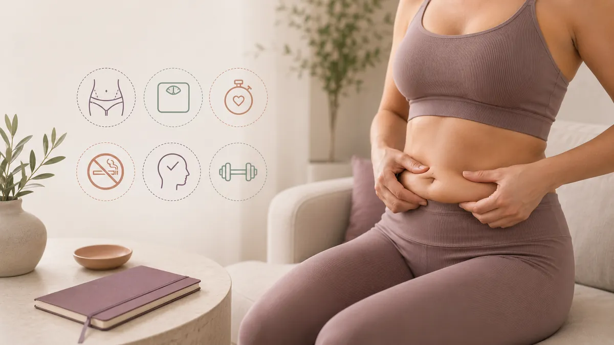 Editorial illustration of tummy tuck candidacy assessment — clinical checklist and abdominal contour