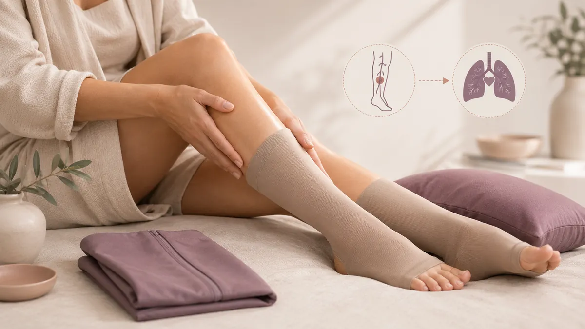 Editorial illustration of DVT prevention protocol — compression, ambulation, prophylaxis