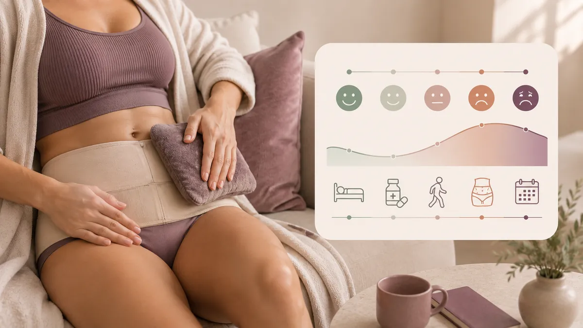 Editorial illustration of tummy tuck pain timeline — pain scale from day 1 through week 6