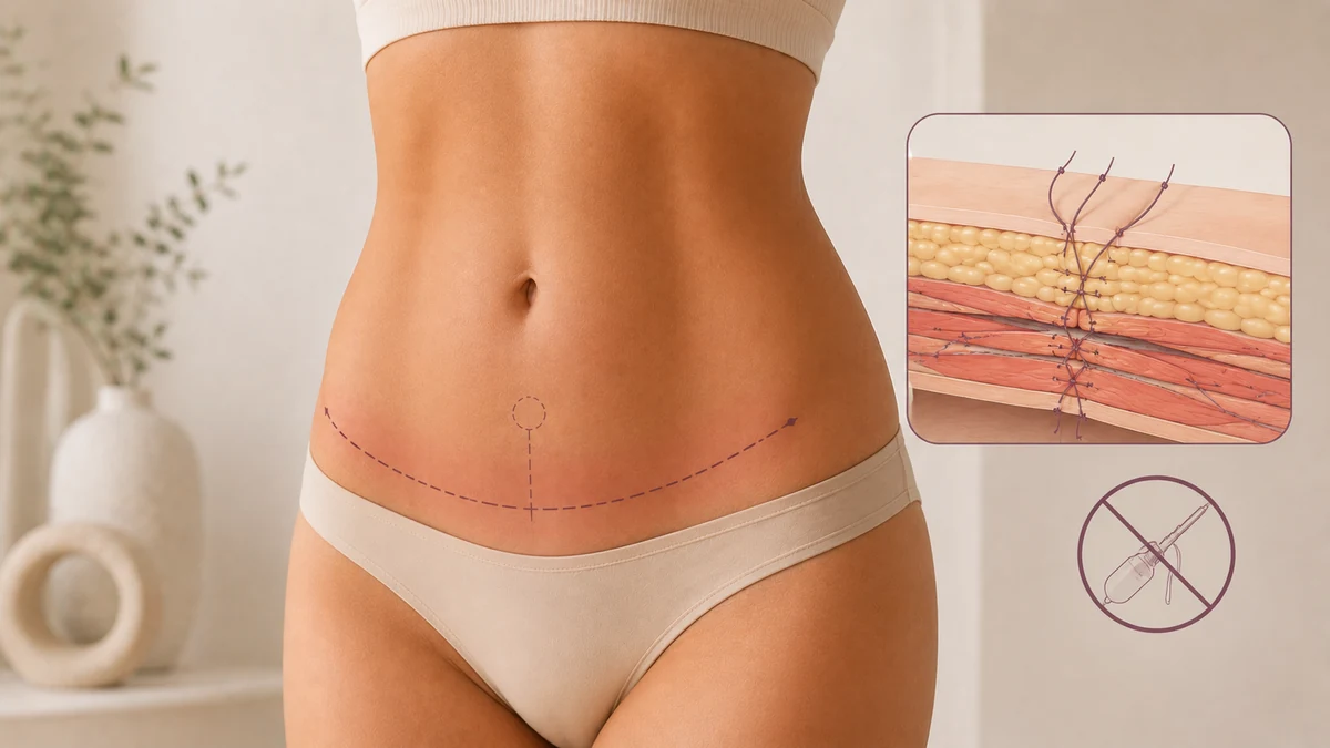 Editorial illustration of progressive tension suture rows securing abdominal skin flap to muscle wall