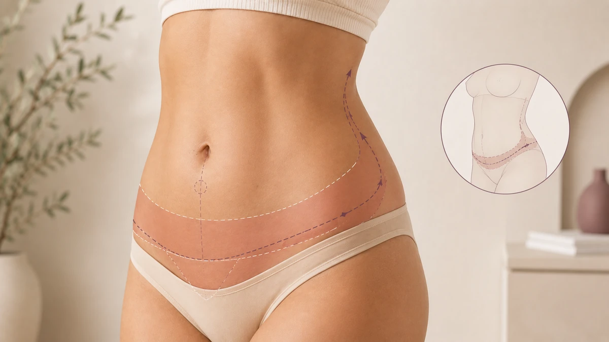 Editorial illustration of extended tummy tuck — abdomen with lateral extensions onto flanks