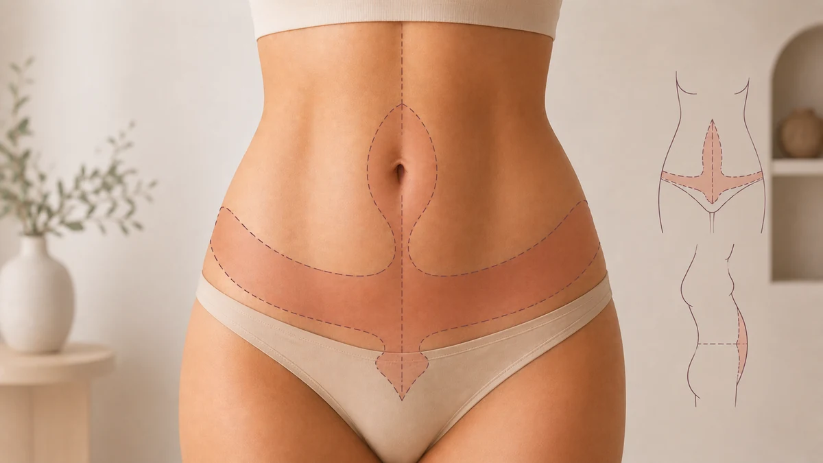 Editorial illustration of the fleur-de-lis tummy tuck T-shaped scar pattern on the abdomen