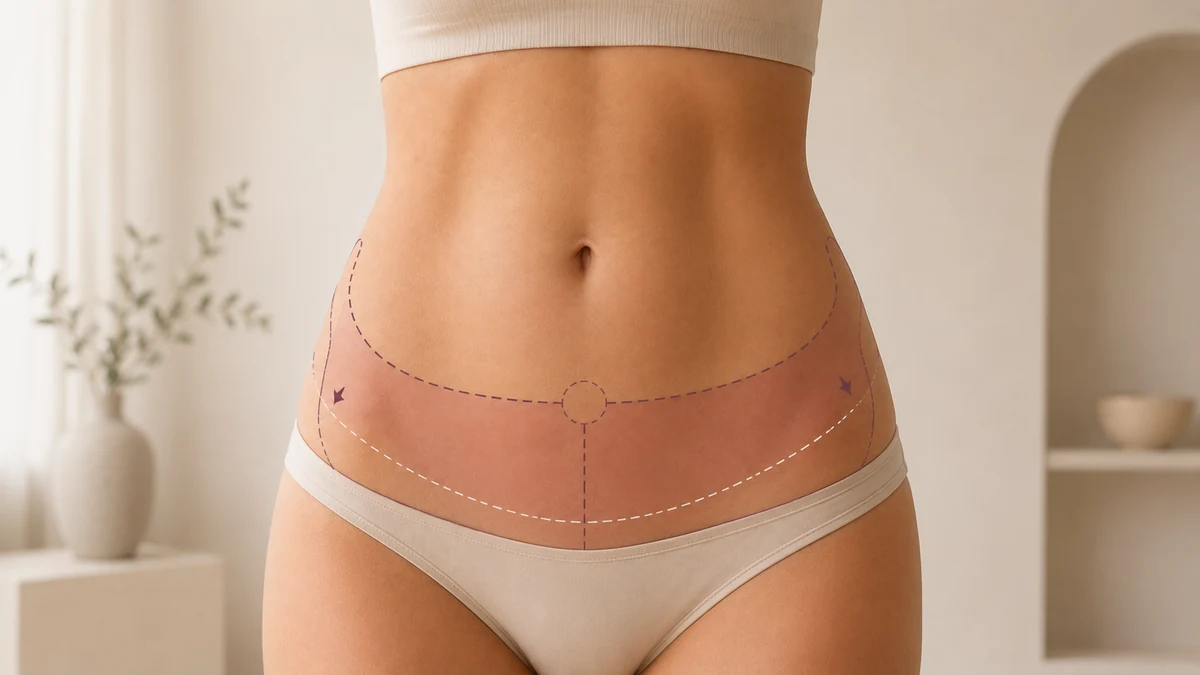 Editorial illustration of a full abdominoplasty — full-abdomen skin excision zone, muscle repair line, repositioned umbilicus