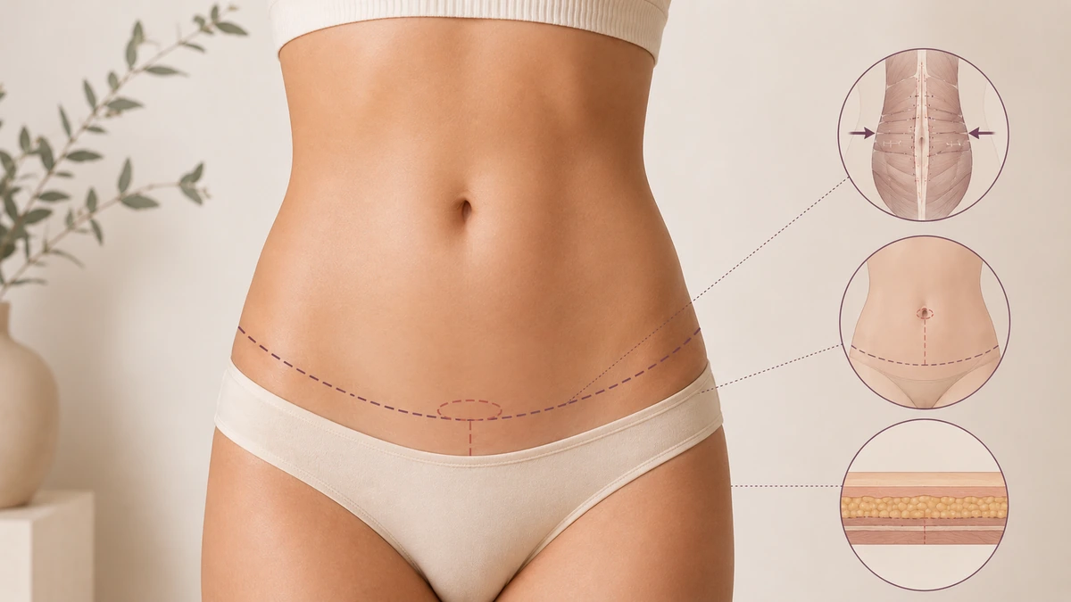 Editorial illustration of a mini tummy tuck — short low horizontal incision, lower-abdominal skin removal, umbilicus preserved