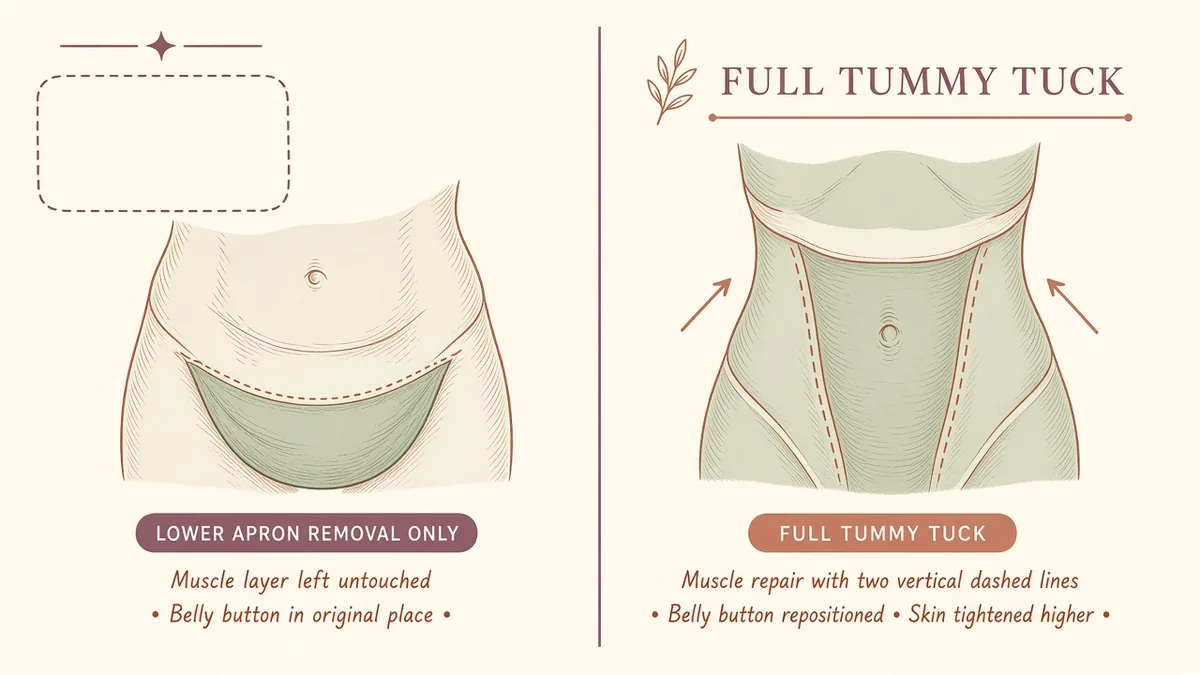 Side-by-side editorial diagram comparing panniculectomy apron removal with tummy tuck muscle repair and contour