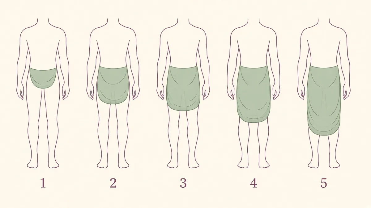 Five-grade editorial diagram of how far an abdominal pannus can hang, from the mons to the knees