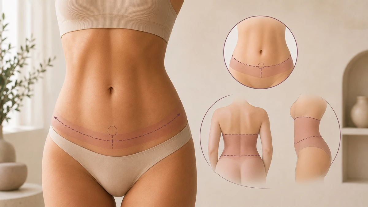 Editorial illustration of reverse and 360 tummy tuck incision lines — under-breast fold and circumferential belt marking