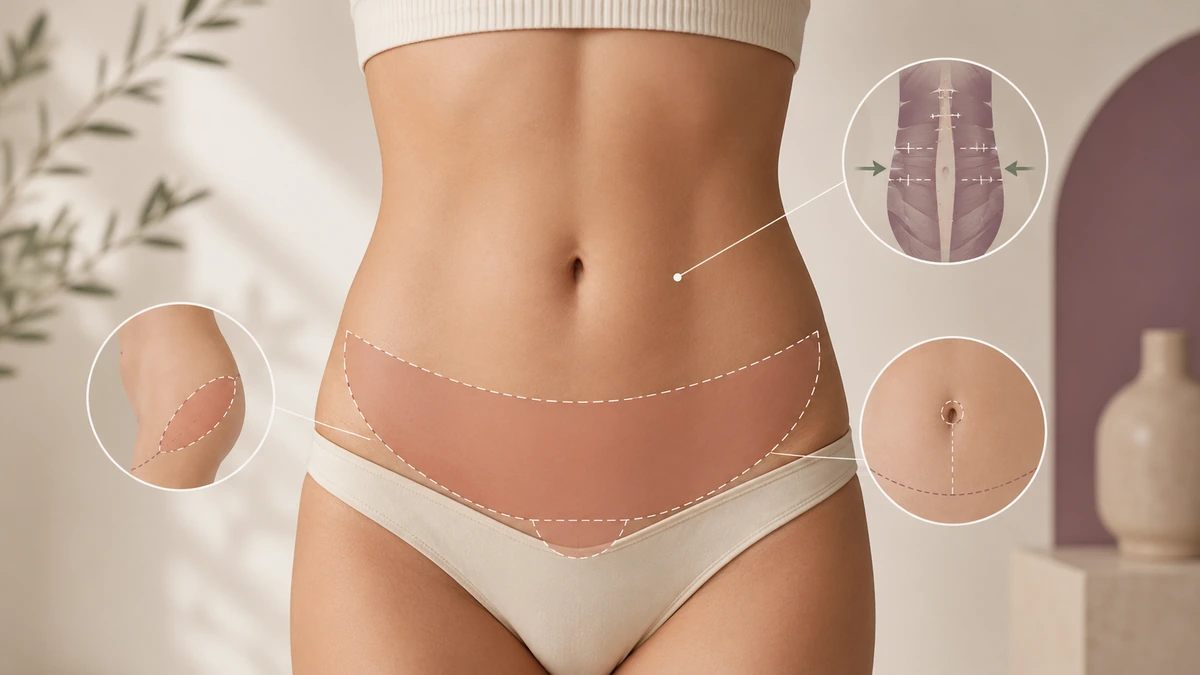 Editorial illustration of abdominoplasty — showing skin removal zone, rectus muscle plication, and repositioned belly button