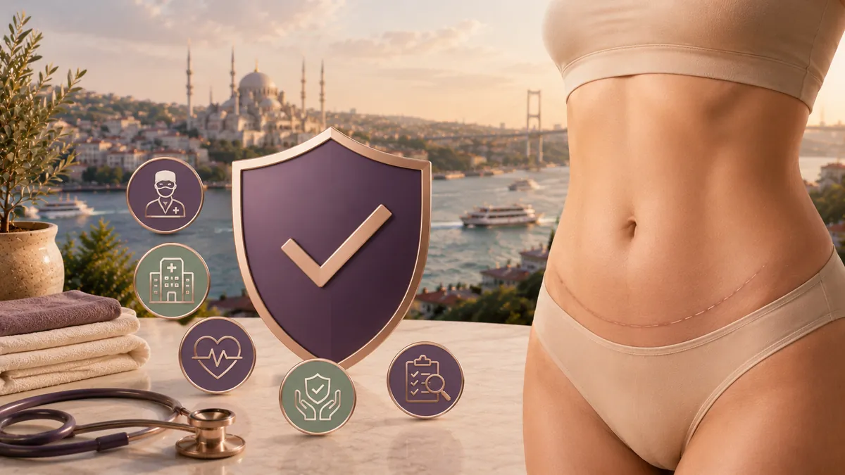 Editorial illustration representing safety verification for tummy tuck in Turkey — accreditation checkmark, hospital, and abdominal contour
