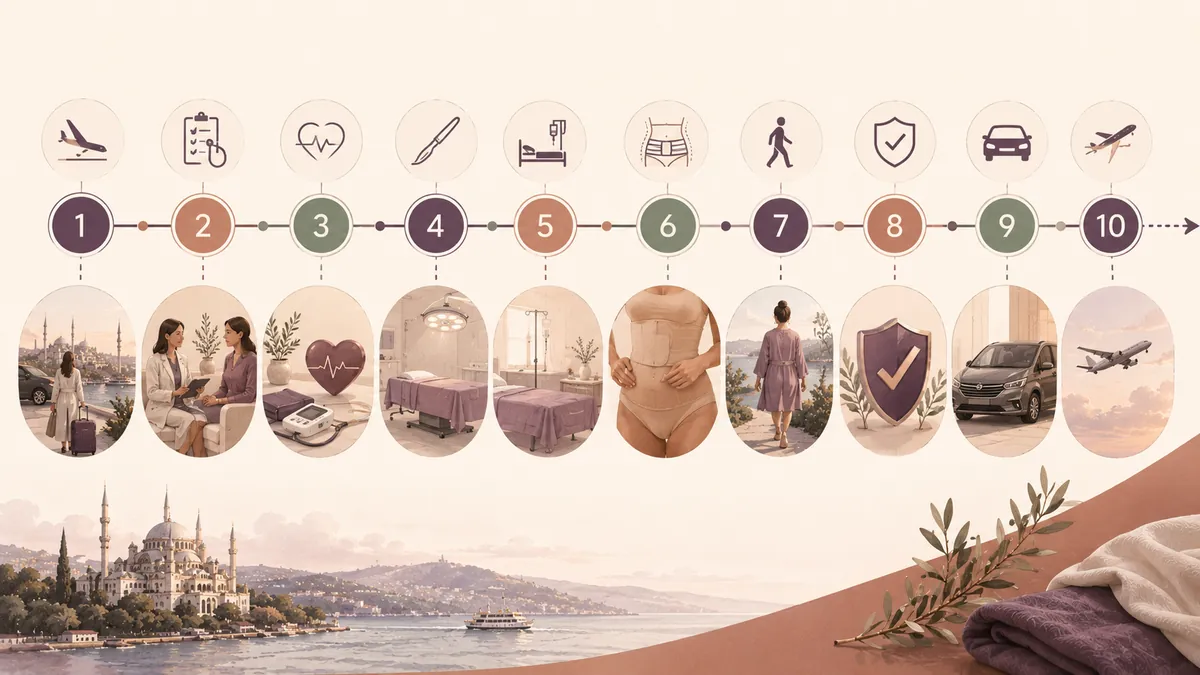 Editorial illustration of a Turkey tummy tuck package timeline — arrival to safe-to-fly