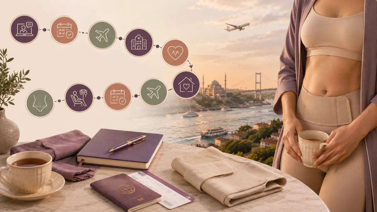 Editorial illustration of the day-by-day tummy tuck patient journey timeline in Turkey